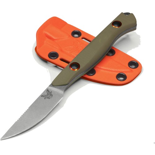 BENCHMADE Flyway Fixed Blade Knife 2.7" Straight Back Blade - OD Green G10 Handles w/ Orange Sheath