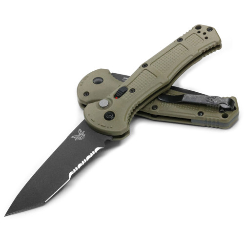 BENCHMADE 9071SBK-1 Claymore AUTO Folding Knife 3.6" Tanto Combo Blade - Ranger Green Grivory Handle